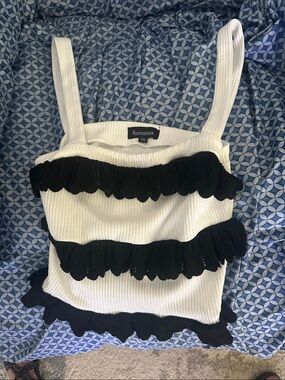 Fusionista White Ribbed Tank with Black Ruffle Bands